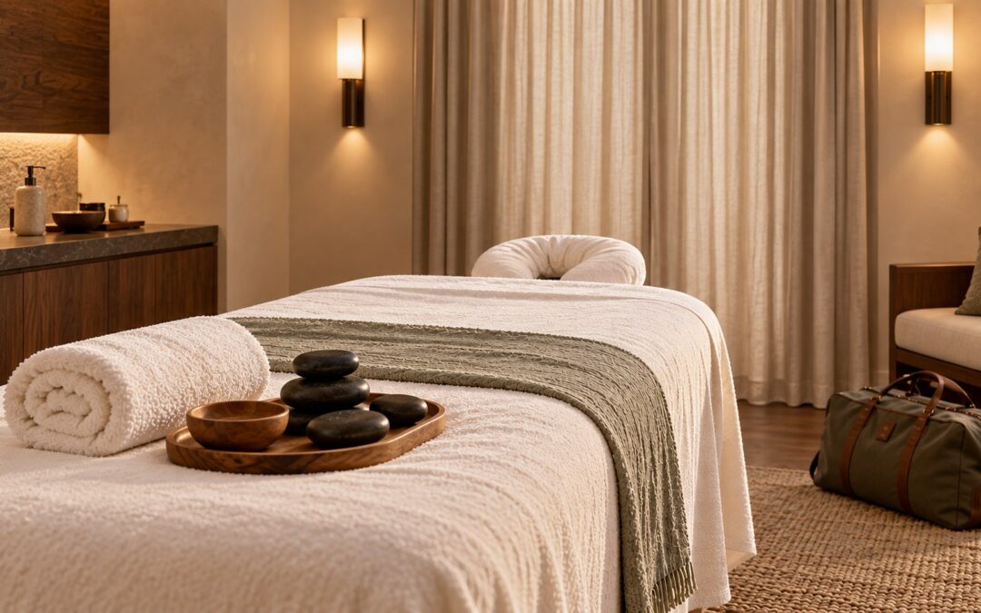 Indoor massage room with warm stones, folded towels, and a travel bag after a long drive